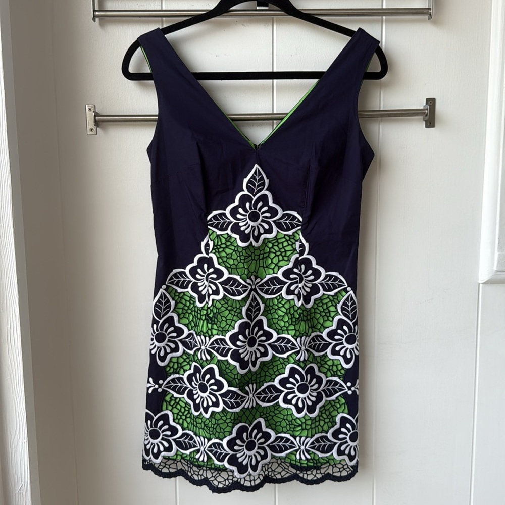 Lilly Pulitzer Sylvie Shift Dress Sleeveless Navy Blue Green Flower 0 - Picture 3 of 8